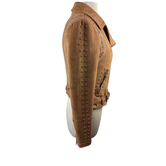 BKE Faux Suede Studded Stretch Asymmetrical Zip Moto Jacket Chestnut Brown Small - Picture 8 of 13